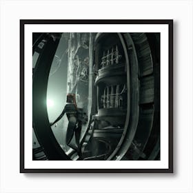 girl exploring the dark of a huge derelict spacecraft Digital Art Art Print