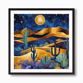 Indigo Desert Nightindigo Desert Night Abstract Landscape With Cactus And Stars- Abstract Bohemian Art Landscape Ochre and Indigo Tones. Boho Style. Mountain View, Sun, Moon, Hills, night abstract landscape with cactus and stars. Vector Art Poster Set. Art Print