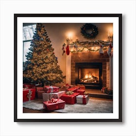 Christmas Tree In Front Of Fireplace 12 Art Print