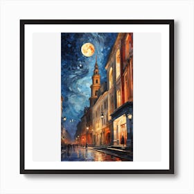 Moonlight In The City Big city landscape made of starry sky, cubism, depth, creativity, fantasy, sky blue, vermilion, glaze, grayscale, gorgeous full color Art Print