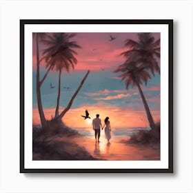 Two lovers walking on the beach at sunset 1 Art Print