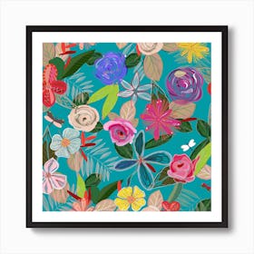 Vivid Colorful Botanical Flowers Pattern With Turquoise Background Square Art Print