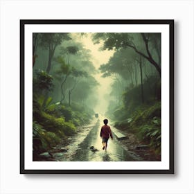 Boy Walking In The Rain Forest Art Print