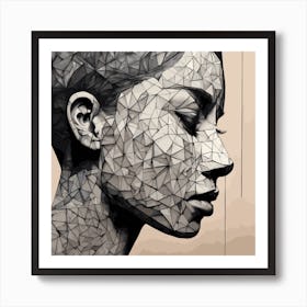 An impressionistic, minimalist and abstract pencil drawing of a women face with various tones and geometric shapes. Art Print