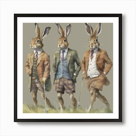 Watercolour Golf Sporting Hares Art Print