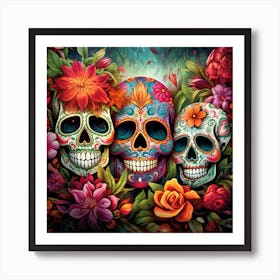 Maraclemente Many Sugar Skulls Colorful Flowers Vibrant Colors 1 Art Print