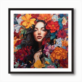 Woman Surrounded By Flowers Art Print