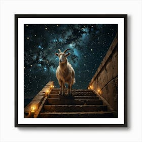 Goat Standing On Stairs In The Night Sky 1 Art Print