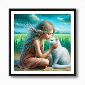 Little Girl And White Cat Art Print
