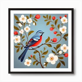 Scandinavian Rosemaling, Bird On a Branch, folk art, 112 Art Print