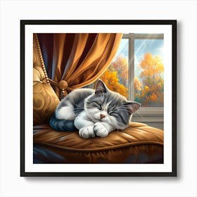 Sleeping Grey Cat Art Print