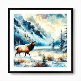 Oil Texture Abstract Elk In Winter Mountains Art Print