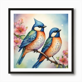 Two Birds Perched On A Branch Art Print