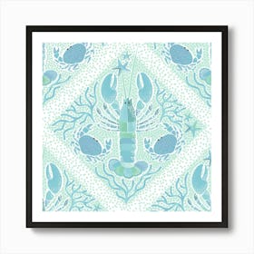 Summer Coastal Boho Lobster, Crab & Coral - Lattice pastel blue Art Print