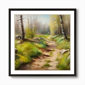 Path In The Woods.A dirt footpath in the forest. Spring season. Wild grasses on both ends of the path. Scattered rocks. Oil colors.5 Art Print