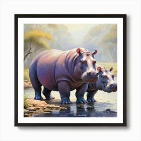 Vintage Hippopotamus by Water Watercolor Art Print