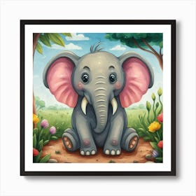Cartoon Elephant In The Forest Art Print