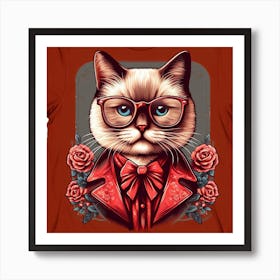 Cat With Glasses And Roses Art Print