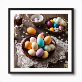 Easter Eggs On Wooden Table 1 Art Print