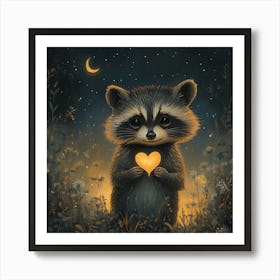 Curious Raccoon with Heart Leaf Backdrop 1 Art Print