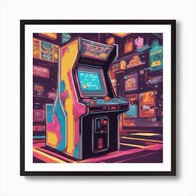 A Retro Style Arcade Cabinet With Pixelated Graphics And Classic Video Game Characters Art Print