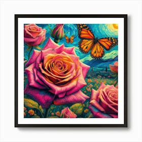 Roses And Butterflies Art Print