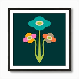 YVETTE Mid-Century Modern Floral with Triple Flowers in Bright Colours on Dark Teal Art Print