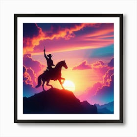 Silhouette Of Cowboy On Horseback Art Print