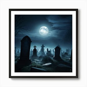 Gravestones Casting Long Ominous Shadows Under A Full Moon A Rising Mist Shrouding The Undead Figu (1) Art Print