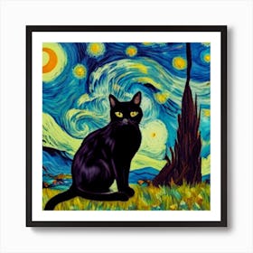 The Starry Night, Vincent Van Gogh Style With Black Cat Portrait Art Print