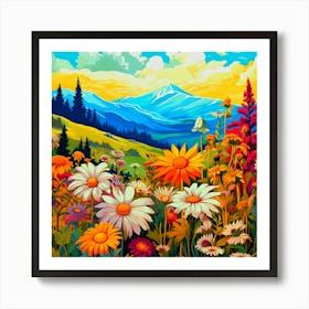 Wildflowers In The Mountains is a painting of a mountain scene with flowers. Art Print