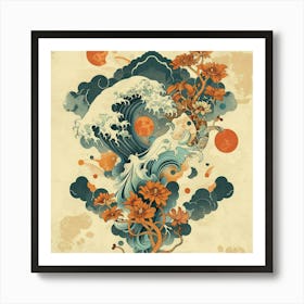 Japanese Wave Design with Flowers Art Print