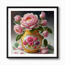 Antique fuchsia jar filled with purple roses, willow and camellia flowers 4 Art Print