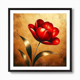 Red Tulip On A Gold Background Art Print