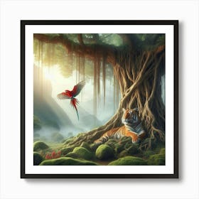 Tiger And Parrot In The Forest Art Print