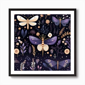 Seamless Pattern With Dragonflies And Flowers Art Print