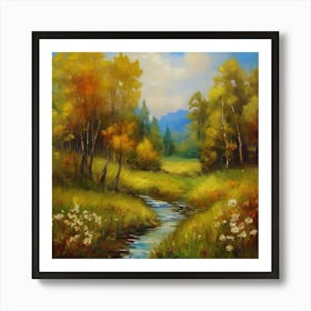 Oil Painting.Canada's forests. Dirt path. Spring flowers. Forest trees. Artwork. Oil on canvas. Art Print