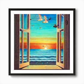 Vibrant Sunset Beach Scene with Flying Birds Art Print