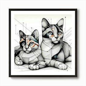 Cat Sisters - Abstract Line Art Illustration 9 Art Print