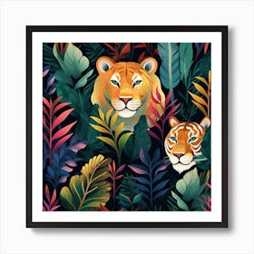 Seamless Pattern With Tigers And Leaves Art Print