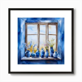 Blue wall. Open window. From inside an old-style room. Silver in the middle. There are several small pottery jars next to the window. There are flowers in the jars Spring oil colors. Wall painting.7 Art Print