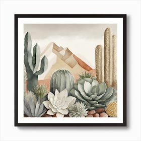 Firefly Modern Abstract Beautiful Lush Cactus And Succulent Garden In Neutral Muted Colors Of Tan, G (13) Art Print