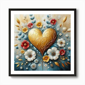 Heart Of Gold and flowers acrylic art Art Print