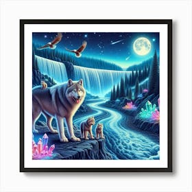 Wolf Family by Crystal Waterfall Under Full Moon and Aurora Borealis and Eagles 1 Art Print