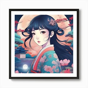 Asian Girl infront of Full Moon Art Print