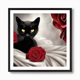 Silk And Roses Black Cat Art Print