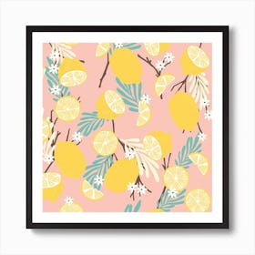 Lemon Pattern On Pink With Colorful Florals Square Art Print