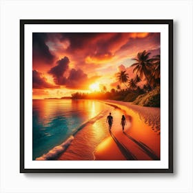 Couple Walking On The Beach At Sunset Art Print