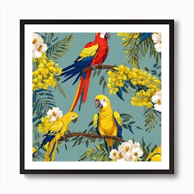 Seamless Pattern With Acacia Flowers And Parrots Vector 2 Art Print