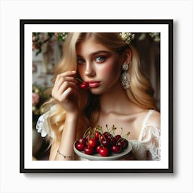 Beautiful Young Woman With Cherries Art Print